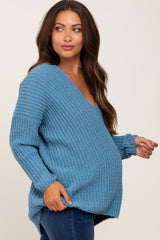 Blue Soft Knit V-Neck Maternity Sweater