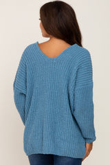 Blue Soft Knit V-Neck Maternity Sweater