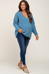 Blue Soft Knit V-Neck Maternity Sweater