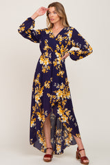 Navy Blue Floral Maternity Wrap Hi-Lo Dress