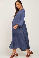 Navy Long Sleeve Tiered Maternity Maxi Dress