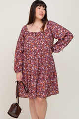 Burgundy Floral Long Sleeve Plus Maternity Dress