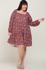 Burgundy Floral Long Sleeve Plus Dress