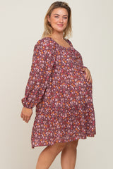 Burgundy Floral Long Sleeve Plus Maternity Dress