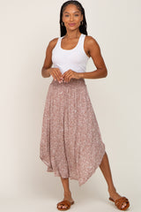 Taupe Floral Smocked Curved Hem Skirt