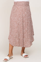 Taupe Floral Smocked Curved Hem Maternity Skirt