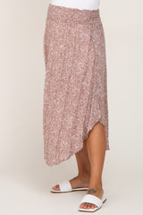 Taupe Floral Smocked Curved Hem Maternity Skirt