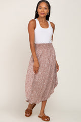 Taupe Floral Smocked Curved Hem Skirt