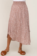 Taupe Floral Smocked Curved Hem Skirt