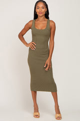 Olive Fitted Knit Maternity Midi Dress