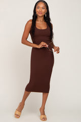 Brown Fitted Knit Midi Dress