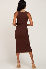 Brown Fitted Knit Midi Dress