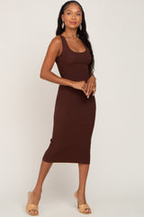 Brown Fitted Knit Midi Dress