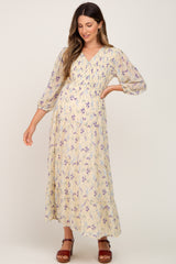 Yellow Floral 3/4 Sleeve Tiered Maternity Maxi Dress