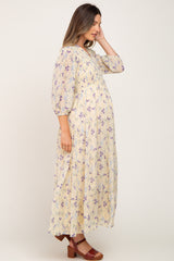 Yellow Floral 3/4 Sleeve Tiered Maternity Maxi Dress