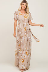 Taupe Floral Chiffon Wrap Short Sleeve Maternity Maxi Dress