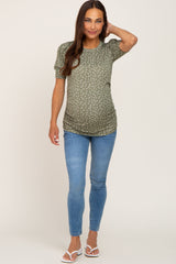 Olive Floral Ruched Puff Sleeve Ribbed Maternity Top