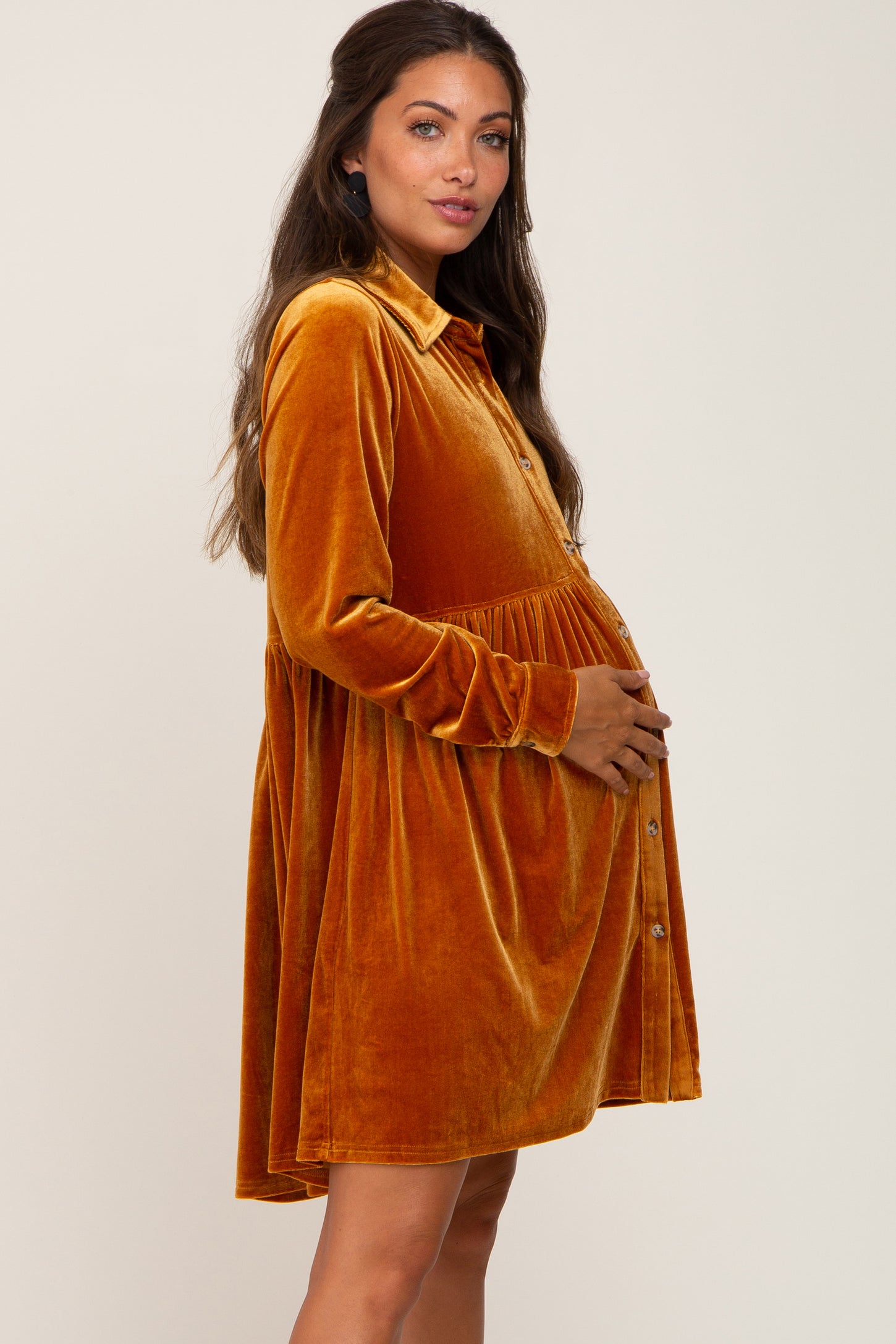Dark Yellow Velvet Button Down Maternity Mini Dress