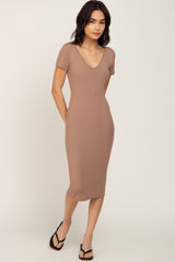 Taupe Basic Ribbed Maternity Fitted Midi Dress