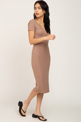 Taupe Basic Ribbed Fitted Midi Dress