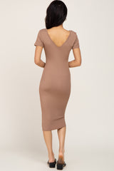 Taupe Basic Ribbed Fitted Midi Dress