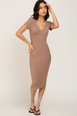 Taupe Basic Ribbed Fitted Midi Dress