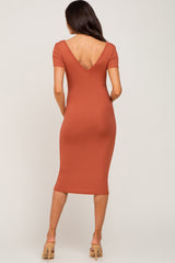 Rust Basic Ribbed Maternity Fitted Midi Dress