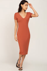 Rust Basic Ribbed Maternity Fitted Midi Dress