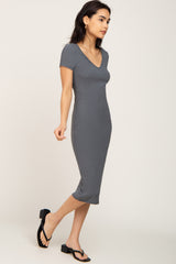 Charcoal Basic Ribbed Fitted Midi Dress