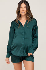 Forest Green Button Up and Short Satin Maternity Set