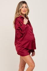 Burgundy Button Up and Short Satin Maternity Set