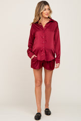 Burgundy Button Up and Short Satin Maternity Set