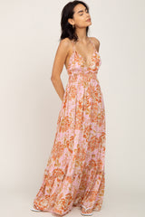 Pink Floral Tie Back Cutout Maternity Maxi Dress