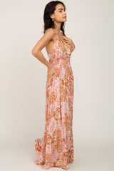 Pink Floral Tie Back Cutout Maxi Dress