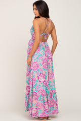 Turquoise Floral Tie Back Cutout Maternity Maxi Dress