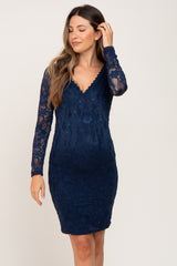 Navy Blue Lace V-Neck Maternity Fitted Dress