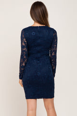 Navy Blue Lace V-Neck Maternity Fitted Dress