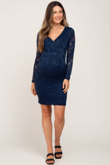 Navy Blue Lace V-Neck Maternity Fitted Dress