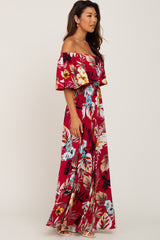 Burgundy Floral Flounce Off Shoulder Maxi Dress