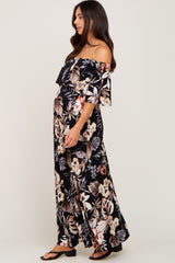 Black Floral Flounce Off Shoulder Maternity Maxi Dress