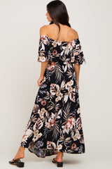 Black Floral Flounce Off Shoulder Maternity Maxi Dress