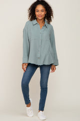 Green Button Down Collared Frayed Top