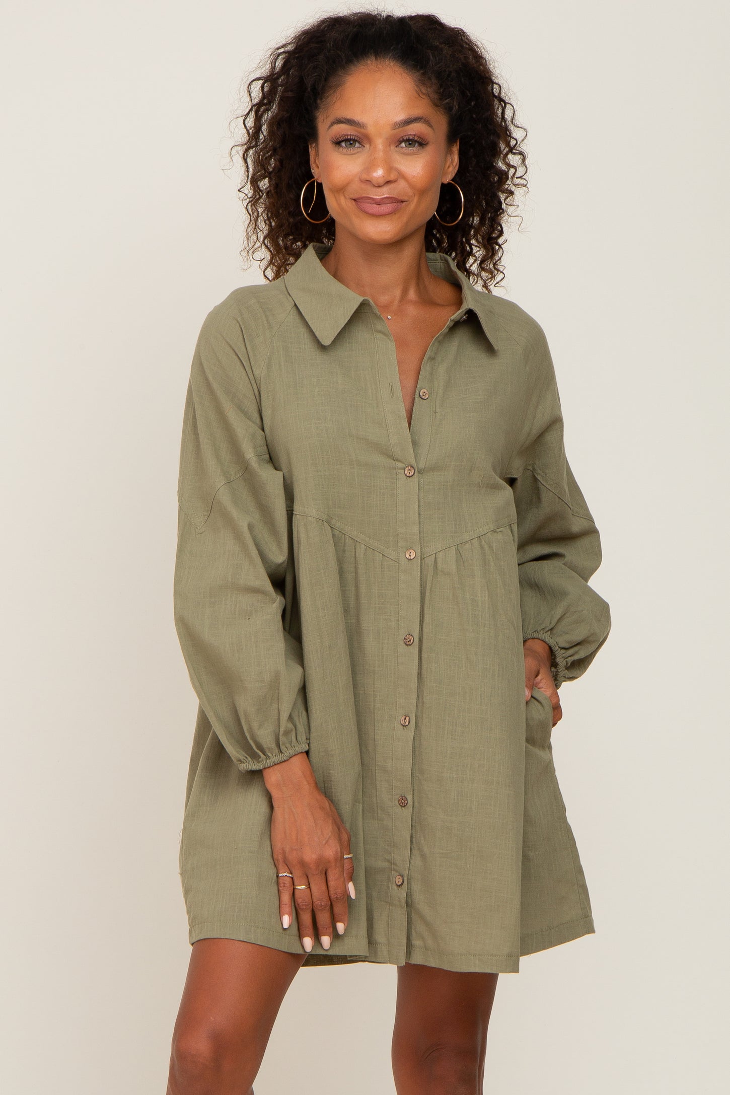 Olive Button Down Maternity Mini Dress