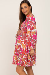 Magenta Floral Smocked Long Sleeve Maternity Dress