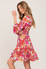 Magenta Floral Smocked Long Sleeve Dress