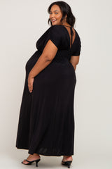 Black Draped Smocked Maternity Plus Maxi Dress