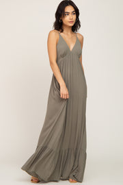 Olive Deep V-Neck Back Tie Maxi Dress