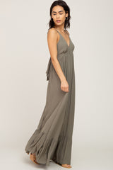 Olive Deep V-Neck Back Tie Maxi Dress