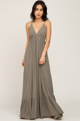 Olive Deep V-Neck Back Tie Maxi Dress