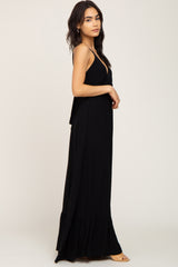 Black Deep V-Neck Back Tie Maxi Dress